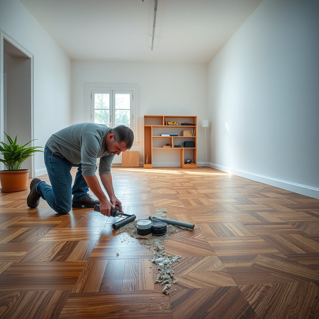 Image illustrating how to assess parquet floor damage, distinguishing between finish-only and wood-level issues.