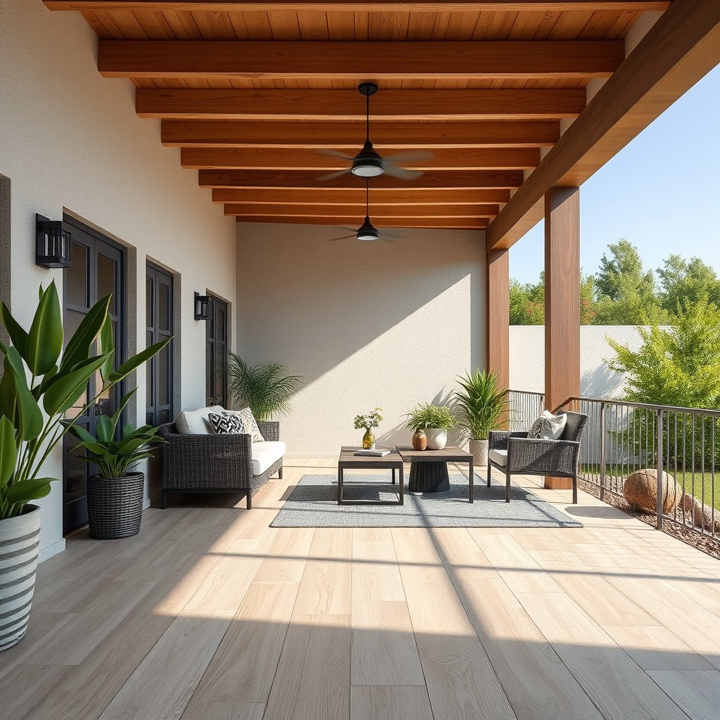 Checking patio conditions like coverage, moisture, and temperature before choosing vinyl floors.