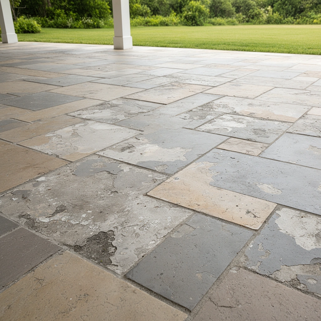 A person inspecting a patio floor to determine the best repair method for resurfacing.