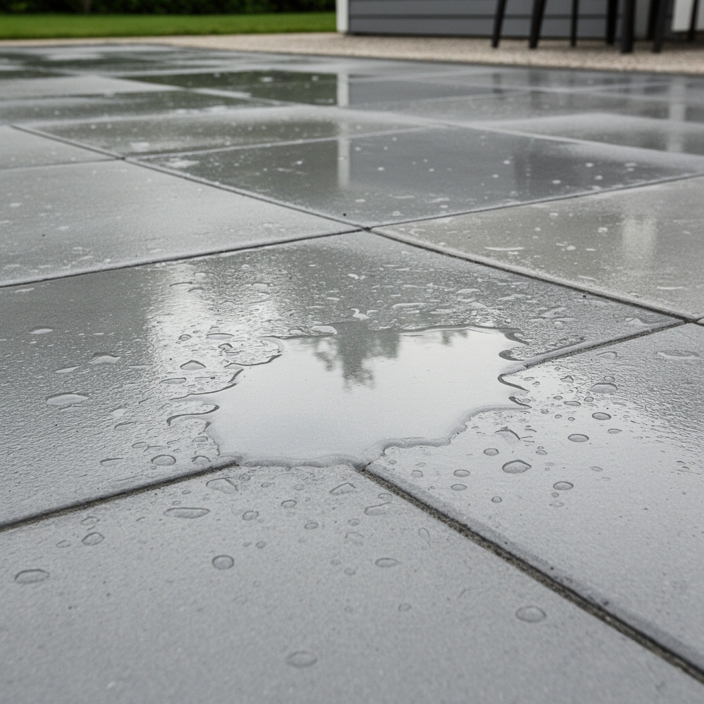 A person examining different patio materials to identify water problems for waterproofing solutions.