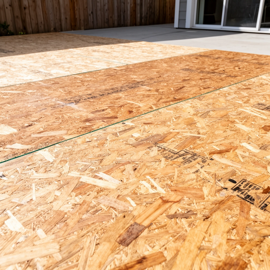 A person inspecting plywood and patio conditions before installation of patio floors.