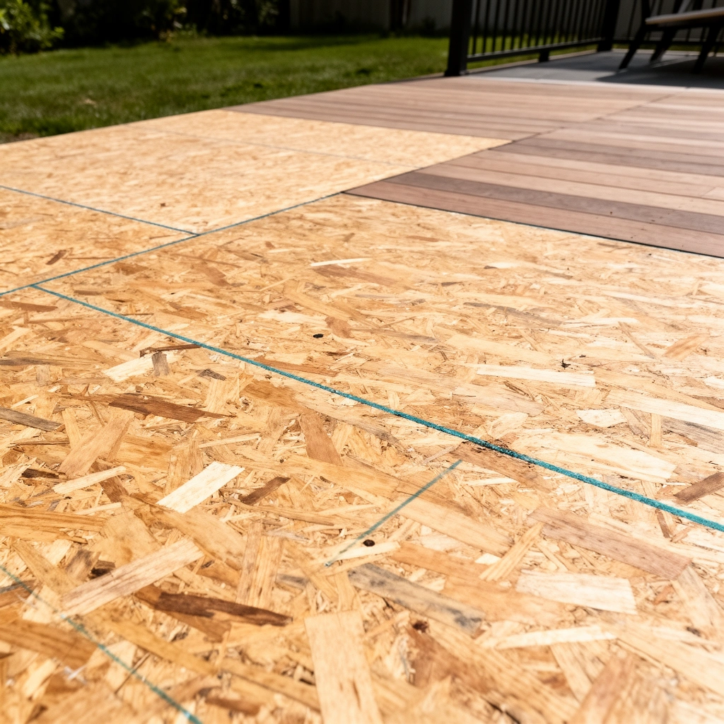 Inspecting the stability and exposure of plywood base for outdoor flooring installation.