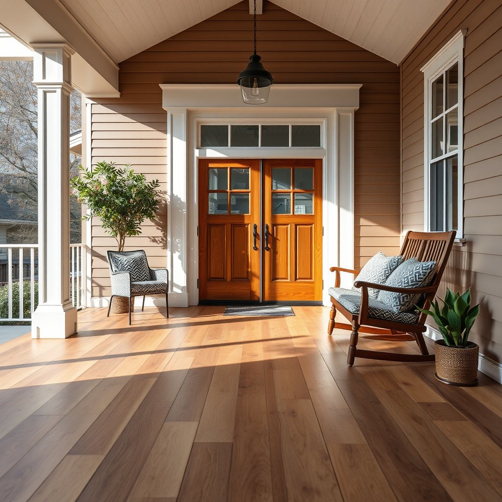 Person evaluating porch exposure for selecting engineered wood floors.