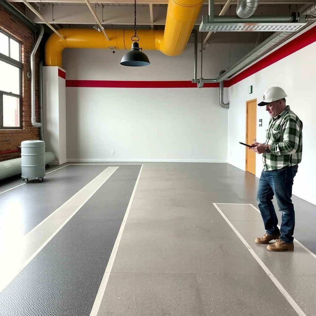 A person evaluating a rubber surface to determine the best installation method for concrete floors.