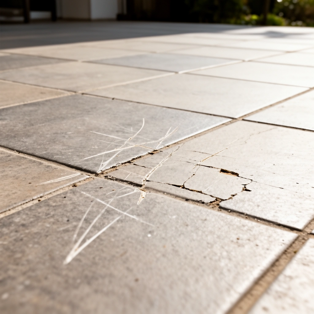 A person examining the depth of scratches on a patio floor made of different materials.