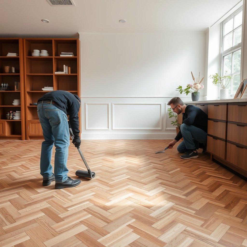 Close-up of a chevron floor showing scratches to assess depth and identify floor finish.