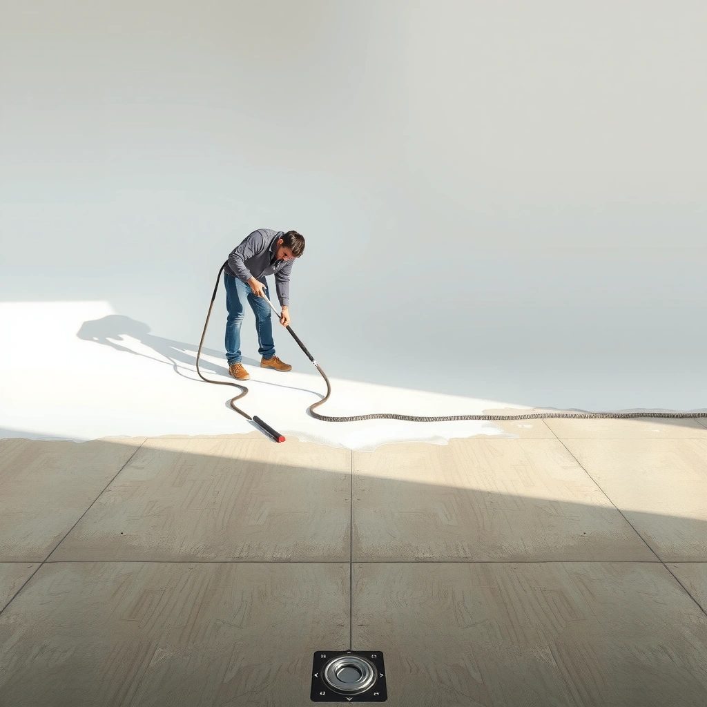 A person examining the depth of scratches on a concrete floor to determine repair methods.