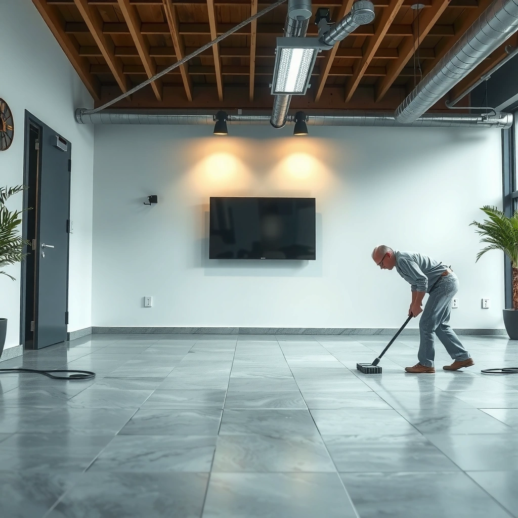 Person examining the depth and type of a scratch on a granite floor for repair assessment.