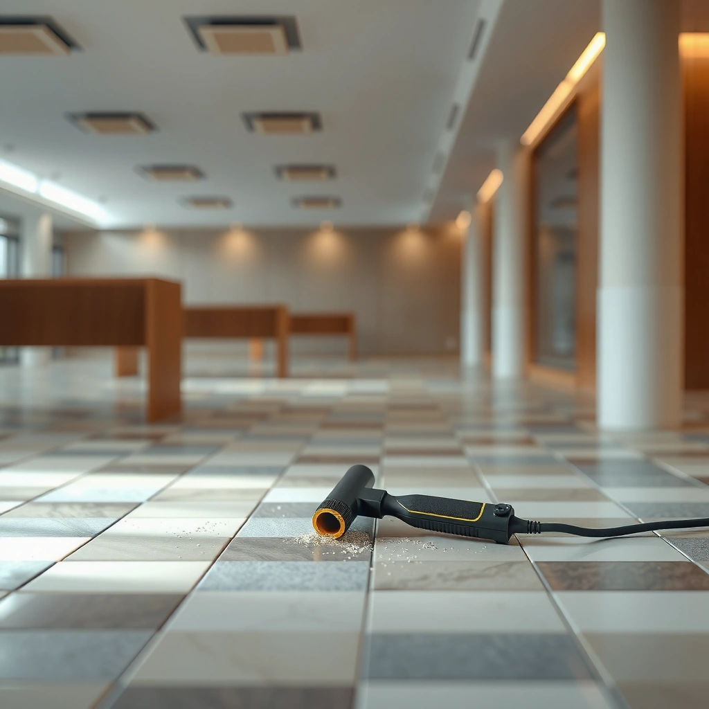 A person evaluating the depth of scratches on a mosaic tile floor to determine repair methods.