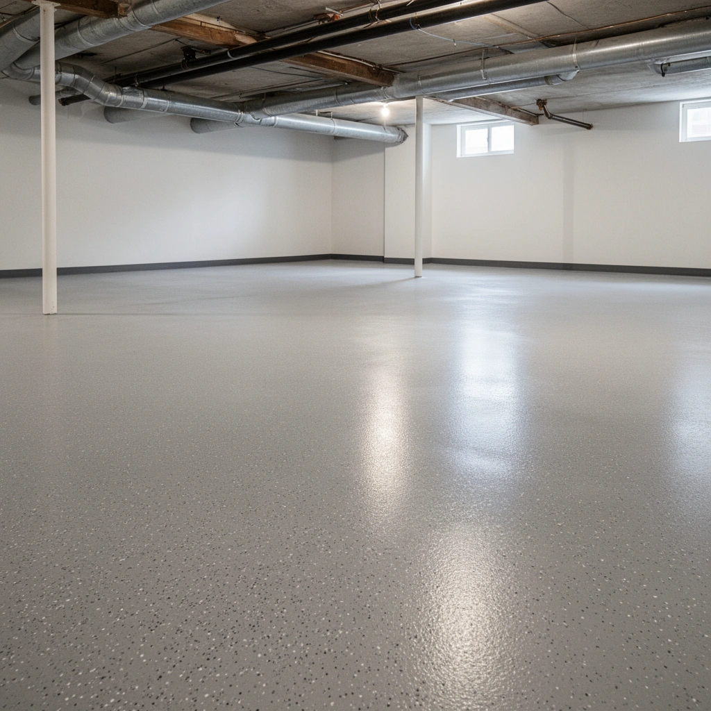 Person examining basement floor for slipperiness causes before making it slip-resistant