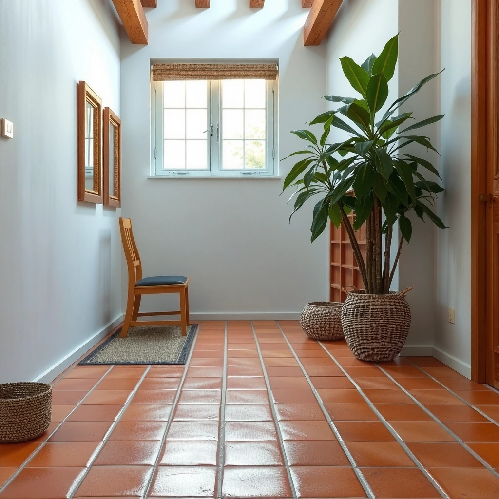 Person examining terracotta floor to identify slipping issues before applying solutions.