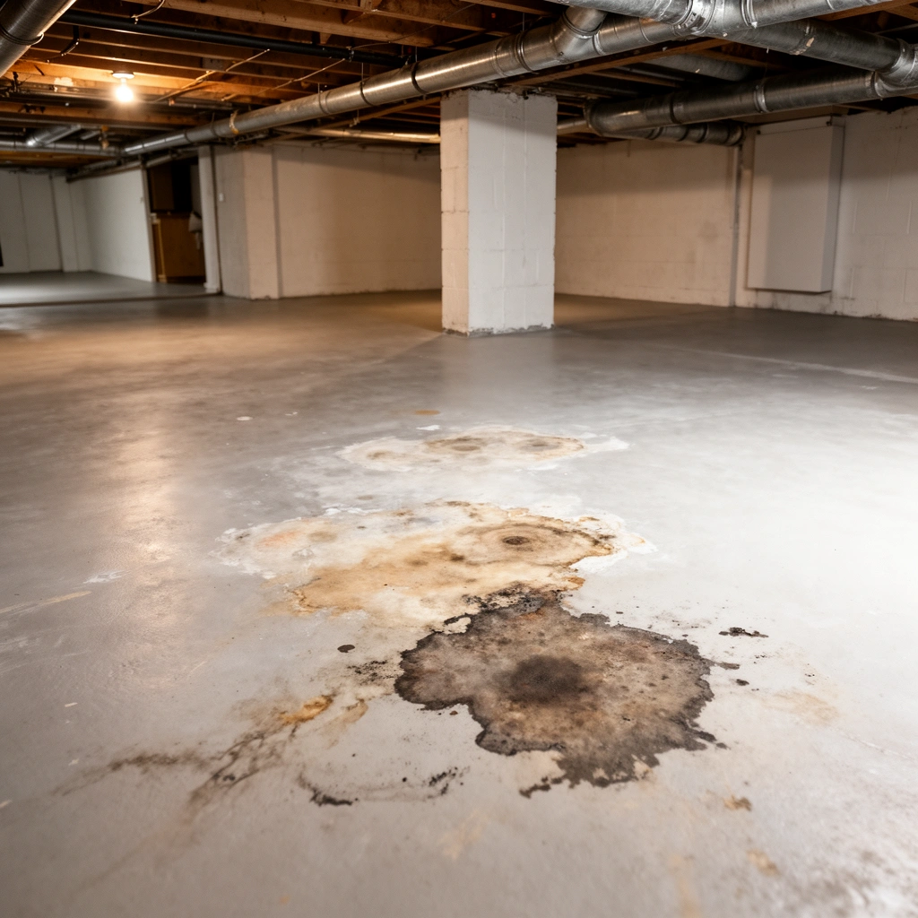 Close-up of various stains on a basement floor, highlighting different types of damage and discoloration.