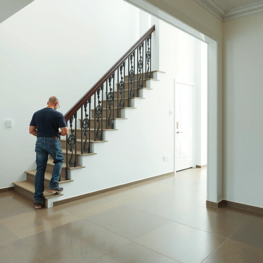 A person evaluating stair conditions before installing polished concrete floors around stairs.