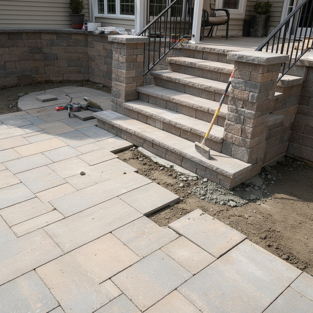 A diagram showing the assessment of stair layout and patio edges for flooring installation.