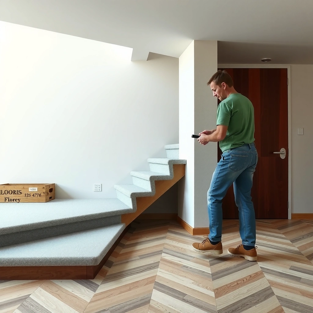 A homeowner assessing stairs to select the appropriate polyaspartic flooring system for installation.