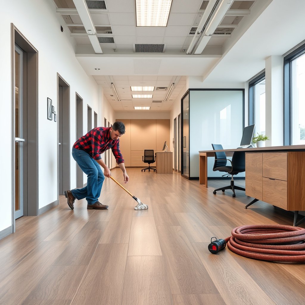 Evaluating the subfloor and site conditions for vinyl floor installation in a commercial office.