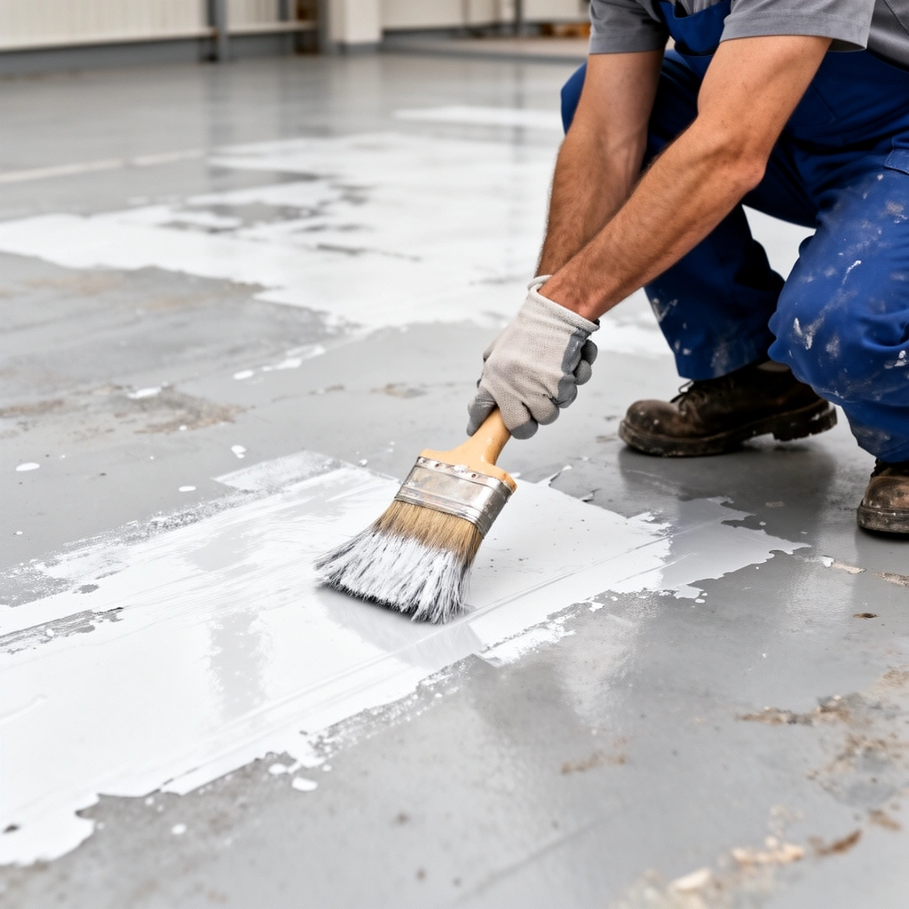 A person examining an outdoor floor surface and paint type before removal.