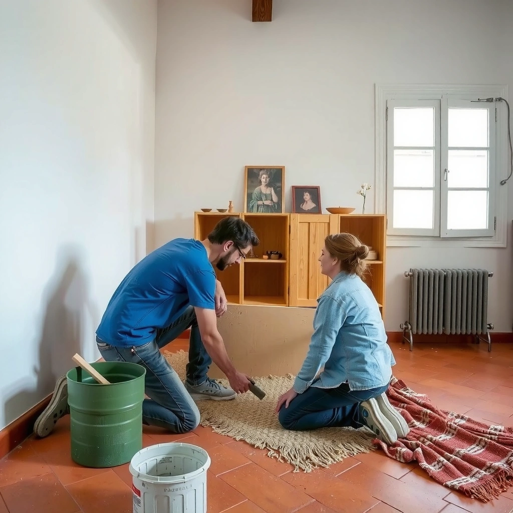 A person examining the dull finish of a terracotta floor to identify restoration needs