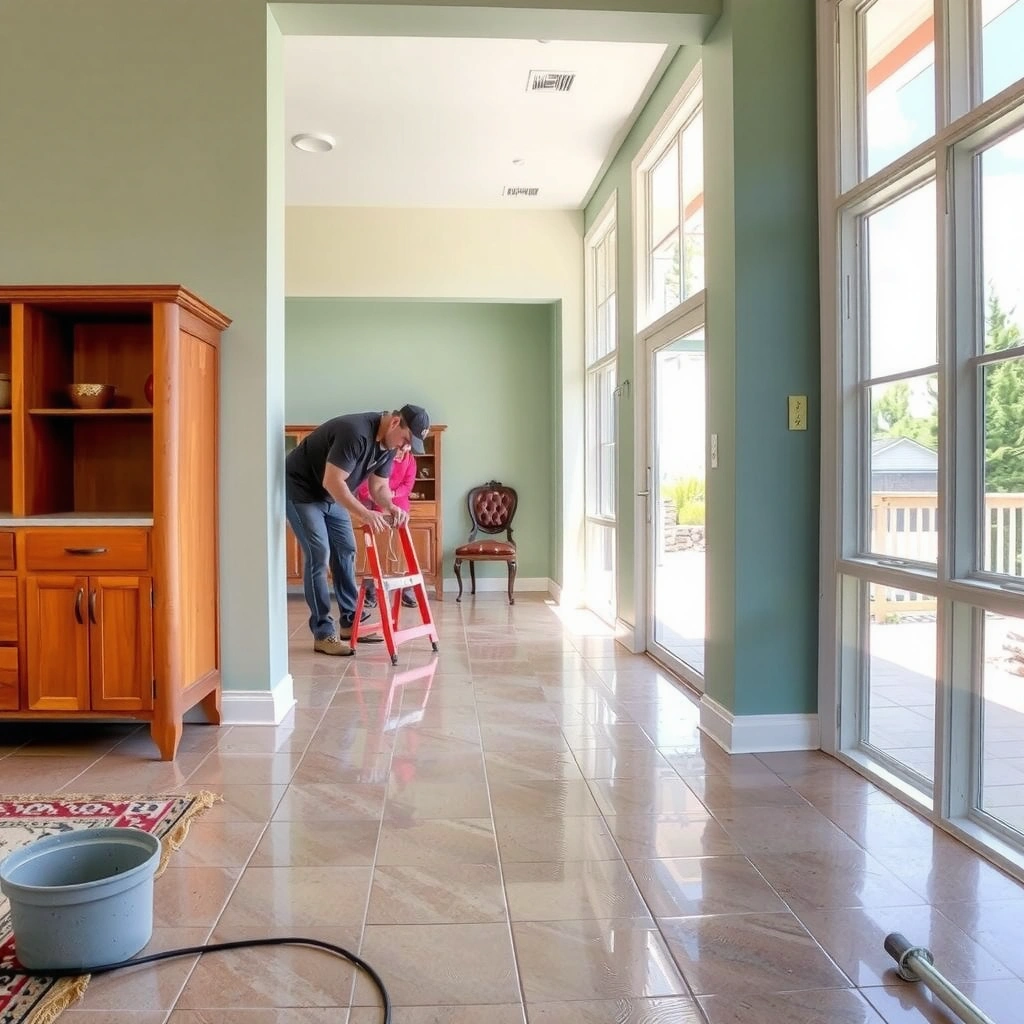 A homeowner inspecting damaged tile floors before restoration process.