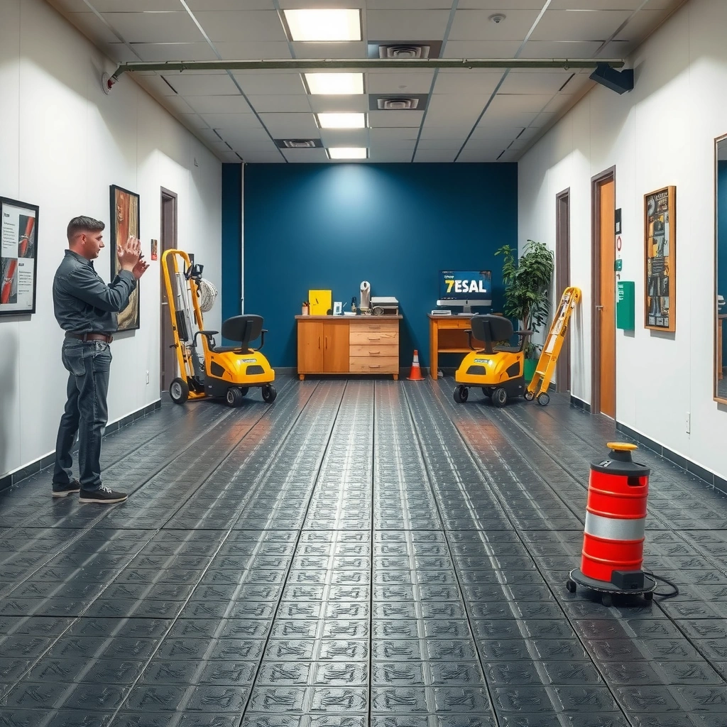 A person examining an uneven floor to determine the best rubber flooring materials for installation.