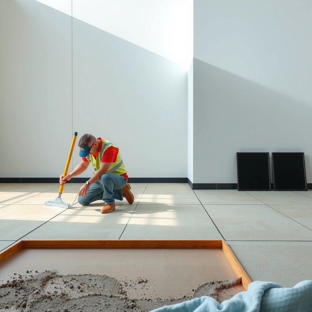 A person assessing the unevenness of a floor before installing concrete flooring.