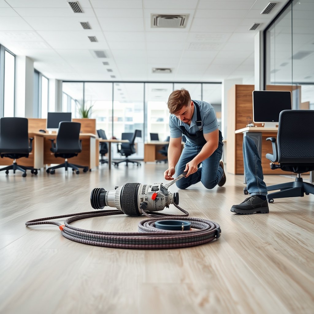 A professional assessing damage on vinyl floors in a commercial office space.
