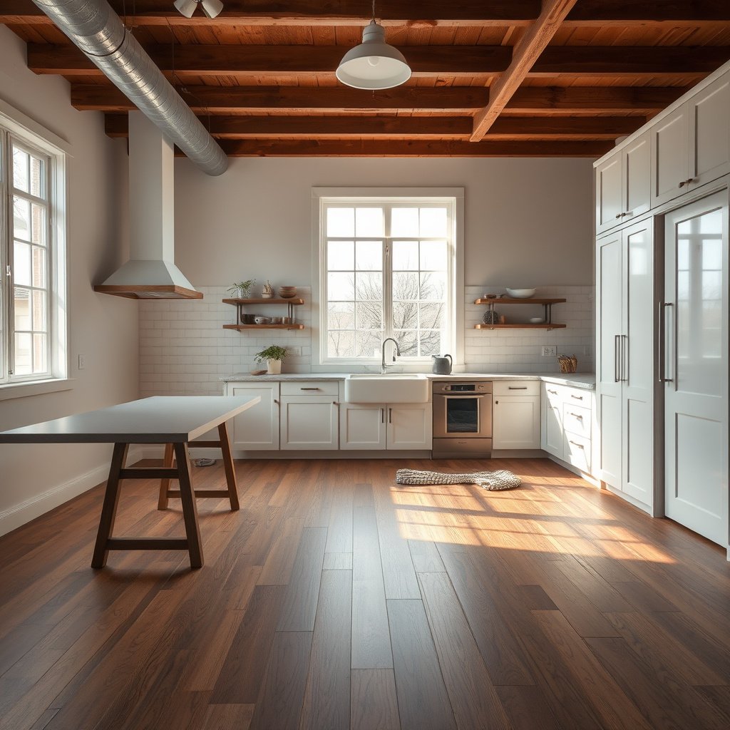 A person examining damaged vinyl flooring in a kitchen to determine the best repair method.