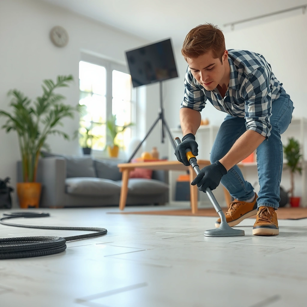 A close-up view of scratches on sheet vinyl flooring, illustrating surface scuffs and gouges.