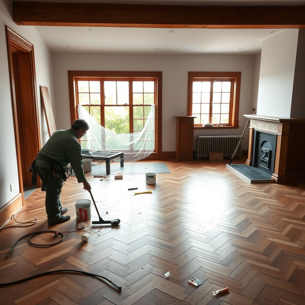 Image showing the assessment of water damage on herringbone floors and identifying the water source.