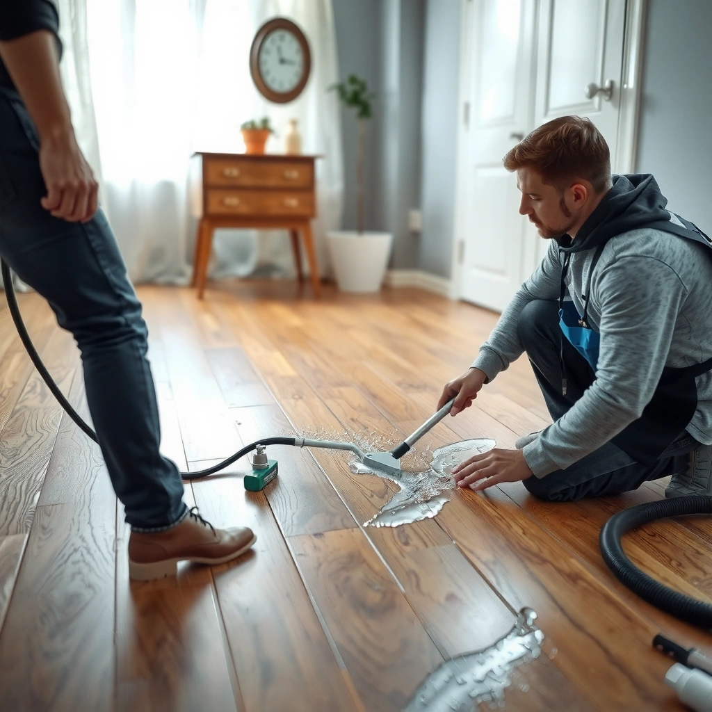 A person inspecting laminate floors for water damage and identifying the source of a leak.