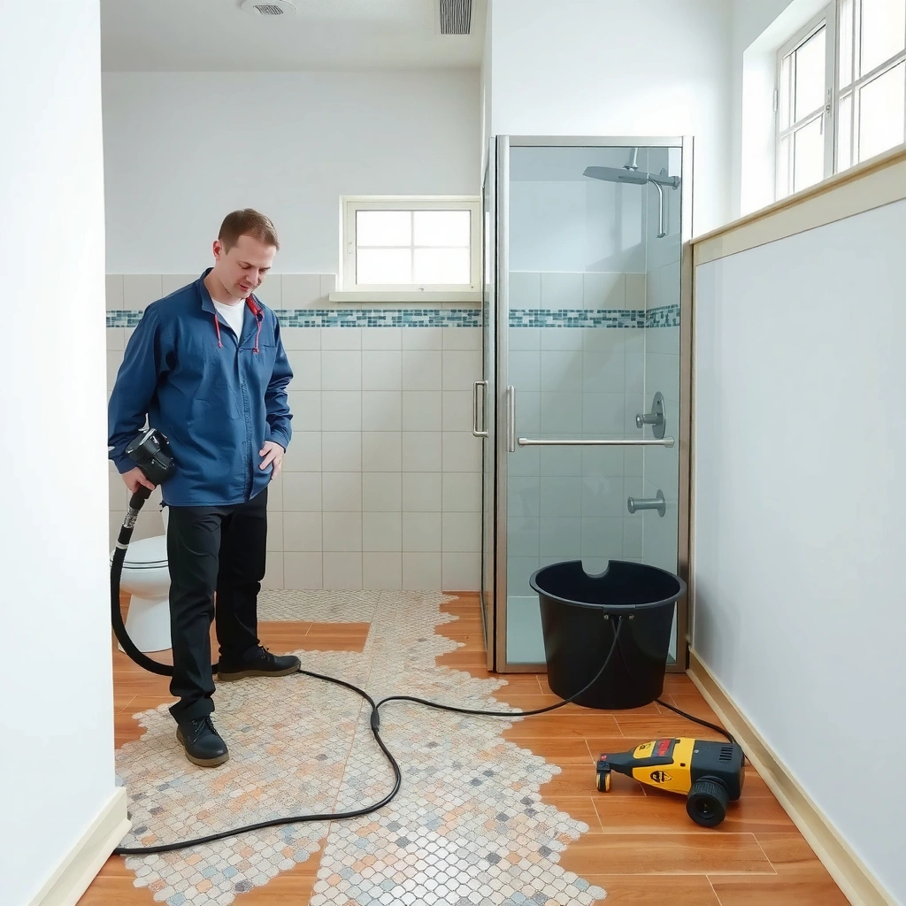An overview of water damage on mosaic tile floors, highlighting areas needing repair.