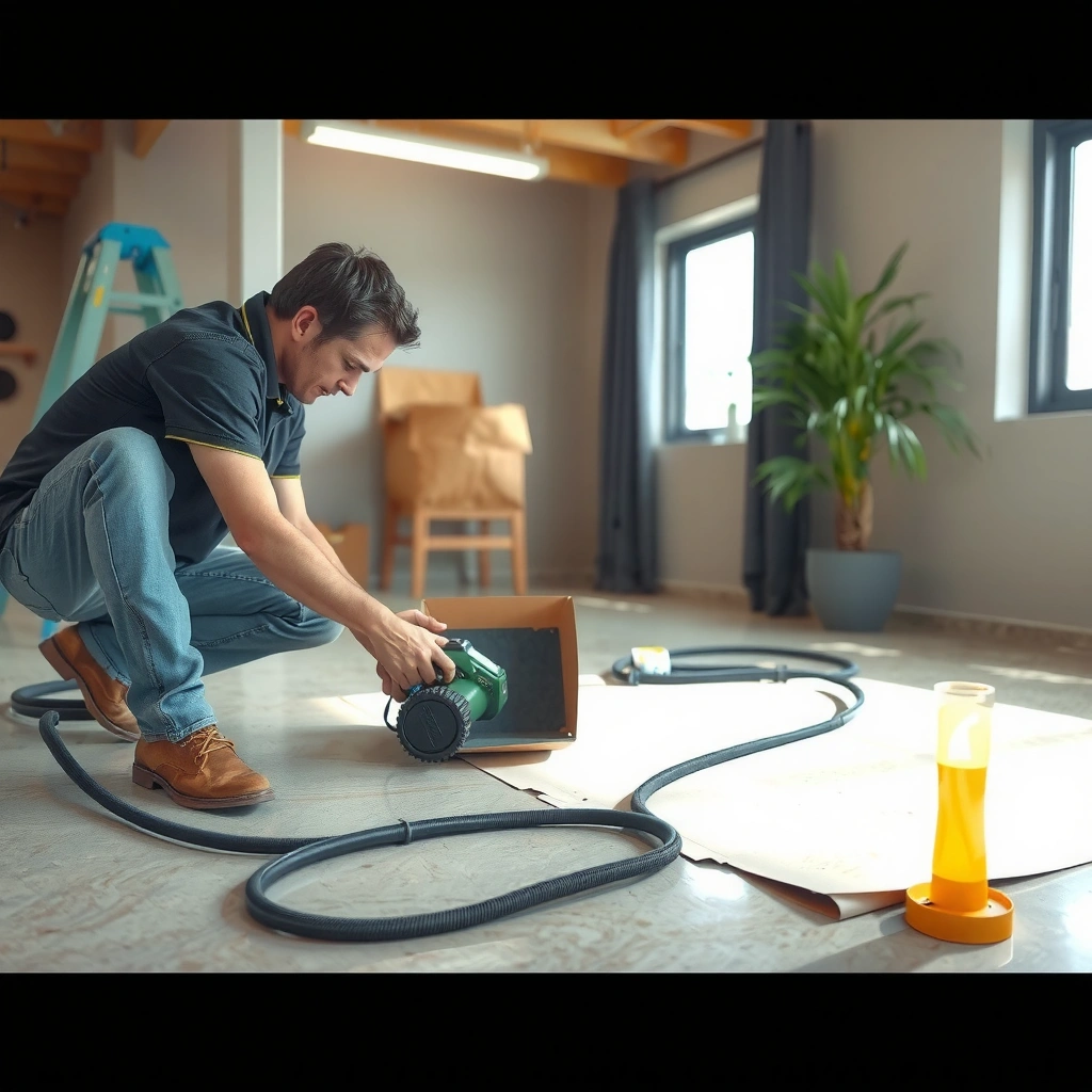 A person inspecting water damage on concrete floors and identifying the moisture source.