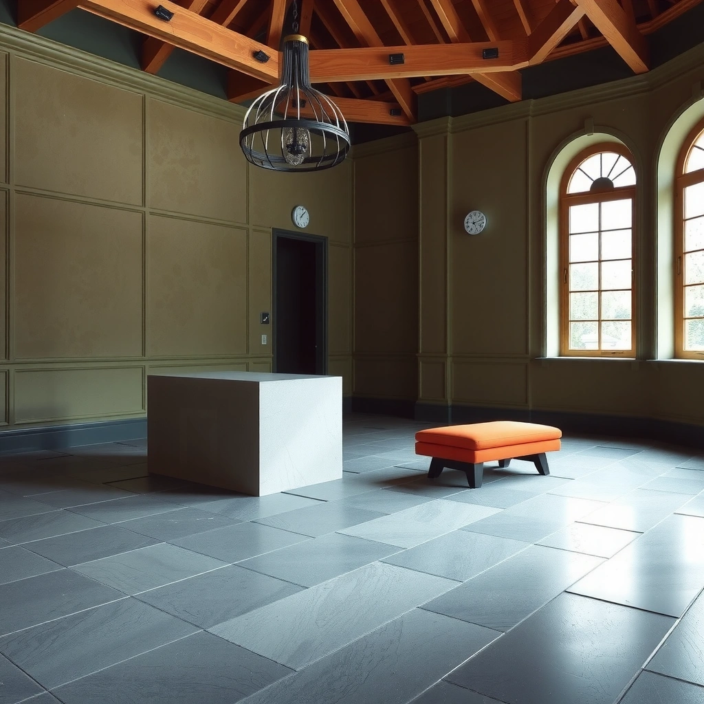 A homeowner examining their existing slate floor before planning a replacement.