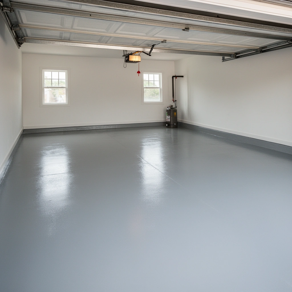 A person inspecting a garage floor for cracks and damage before refinishing it.