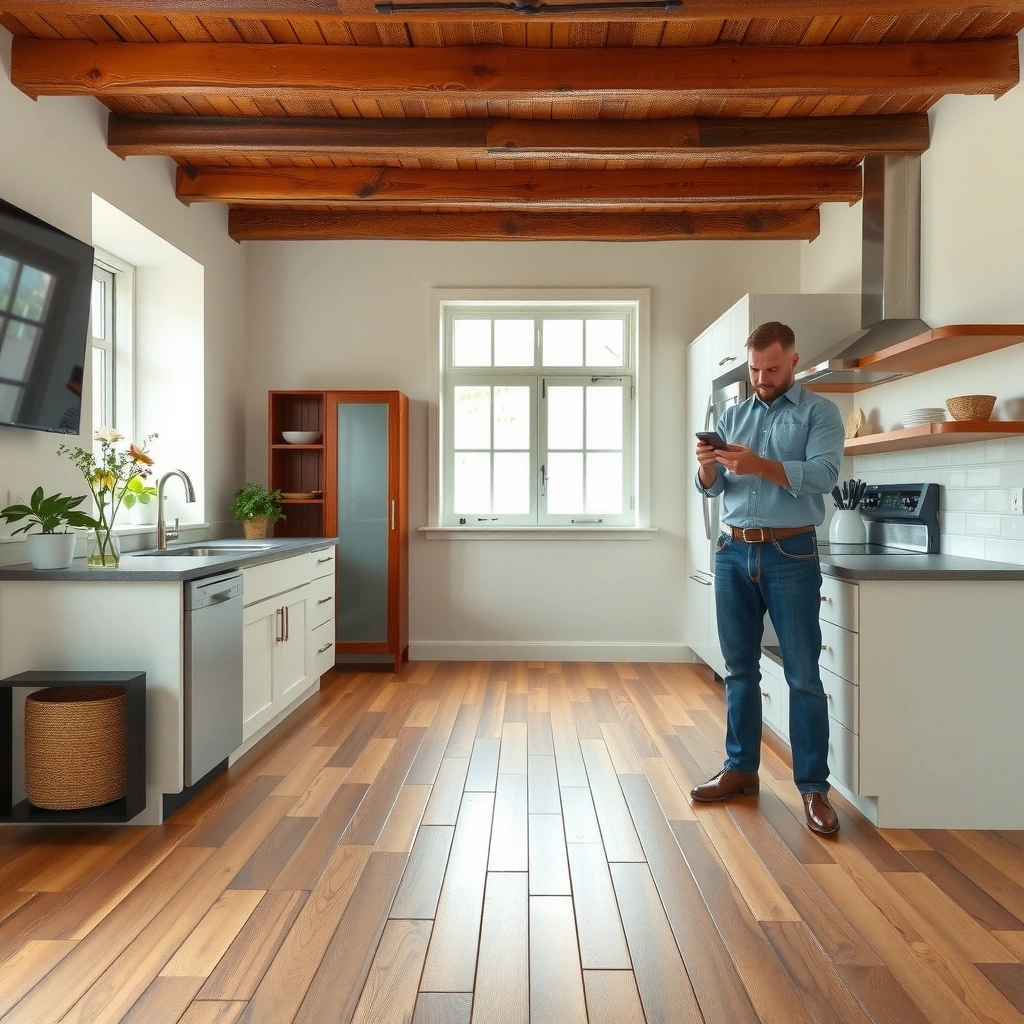 A person examining a kitchen subfloor for hardwood floor installation, checking conditions and stability.