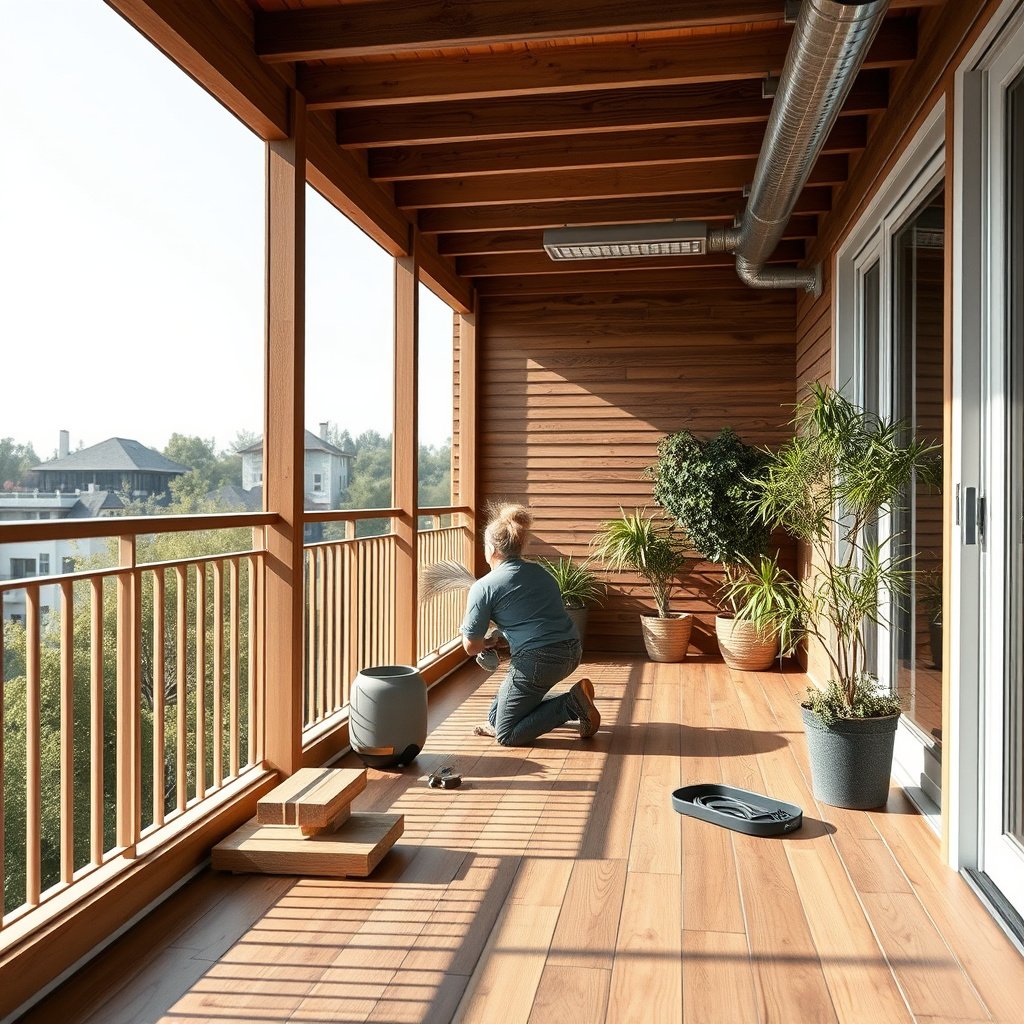 Checking balcony suitability for engineered wood floor installation, ensuring floor approval.