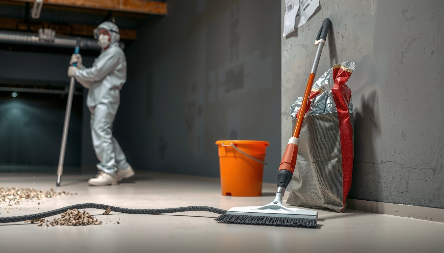 Image illustrating safe cleanup and proper disposal of basement floors during renovation