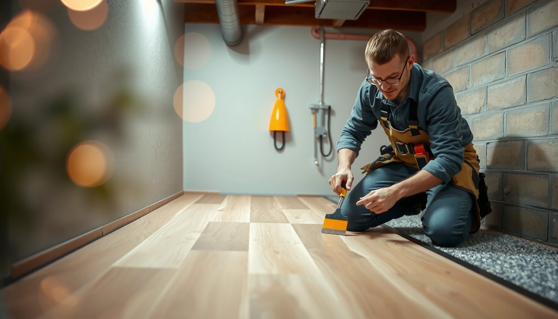 Step-by-step guide for installing basement floors with tools and materials shown.
