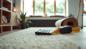 A simple method for calculating material needed for carpet floors, featuring measuring tools and carpet samples.