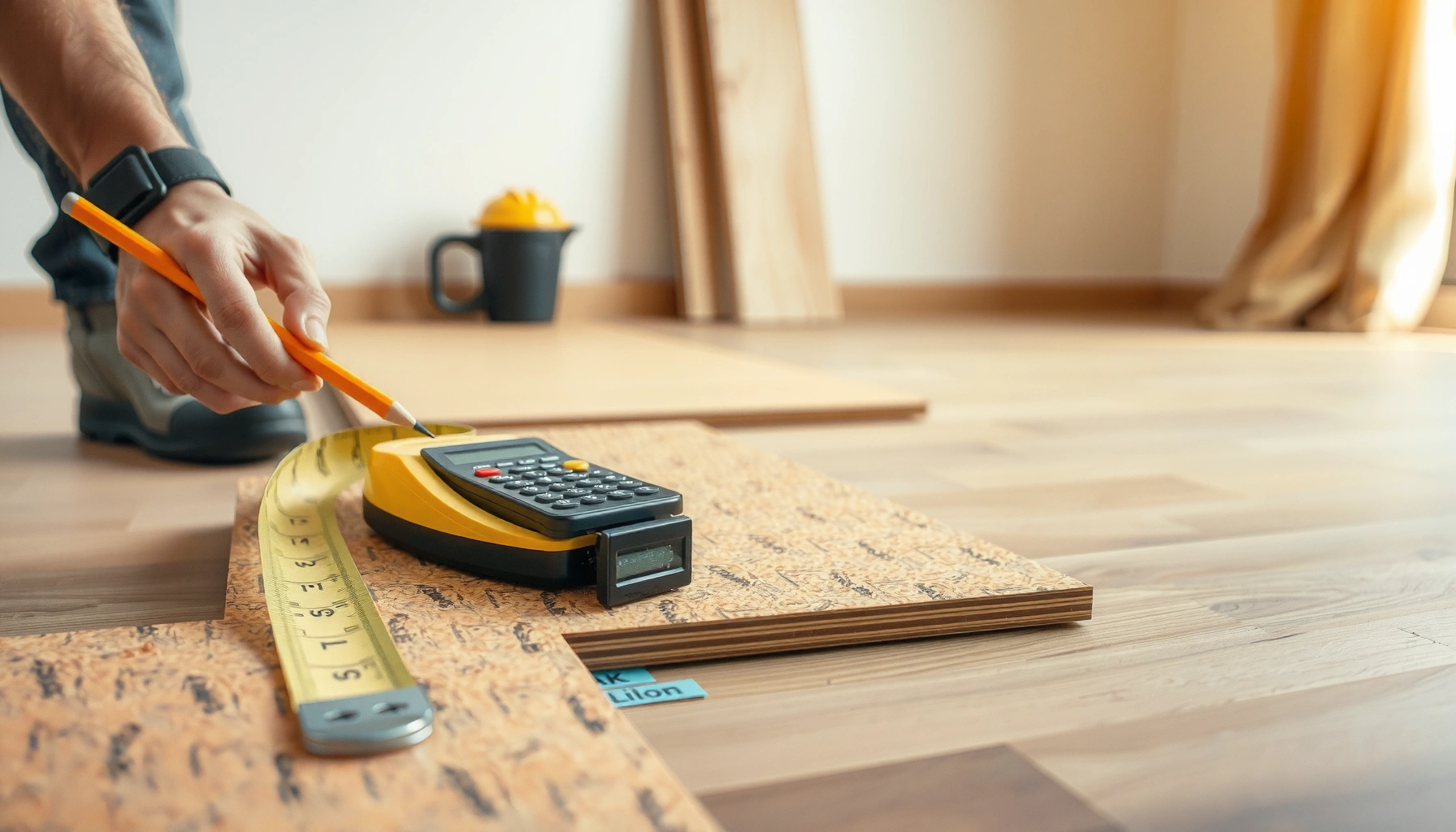 Step-by-step guide on how to calculate material for cork floors with measuring tools and cork samples.