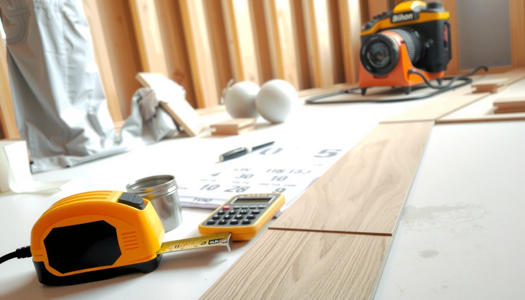Guide on how to calculate material for engineered wood floors with measuring tools and materials.