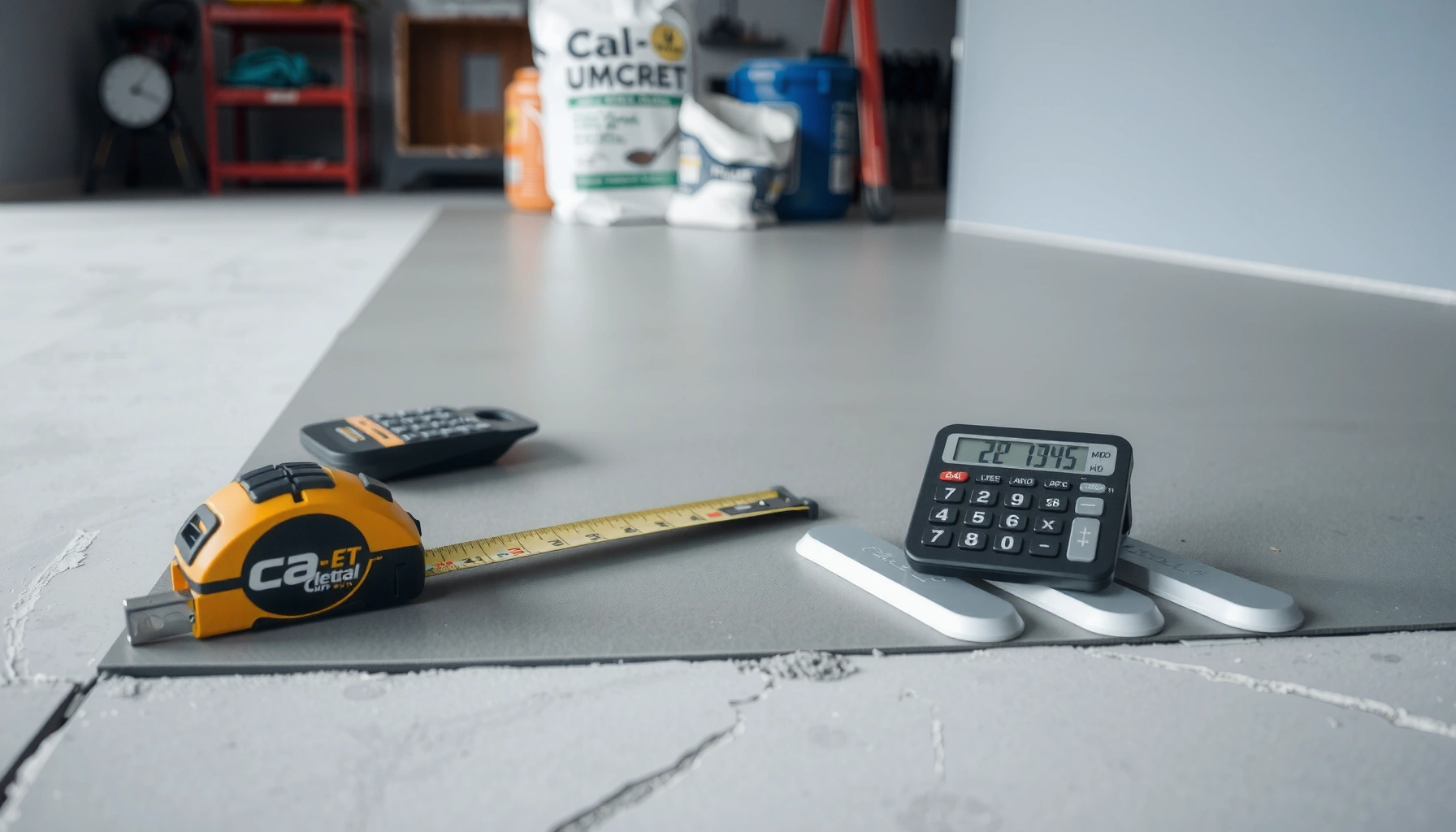 A person calculating material needed for garage floors with a calculator and measuring tools.