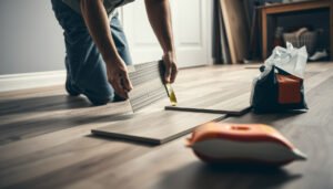 Guide to calculate material for wood-look tile floors with measurement tools and tiles displayed.