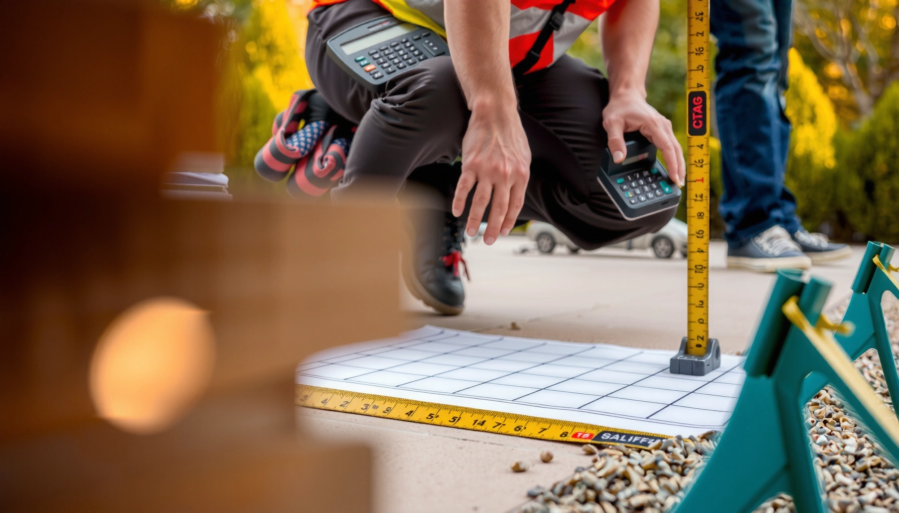 Step-by-step guide on calculating material for patio floors with tools and measurements.