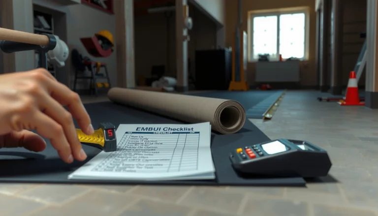 A person measuring rubber flooring material for accurate calculations in a home renovation project.