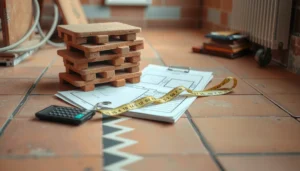 A guide on how to calculate material needed for terracotta floors, featuring measuring tools and tiles.