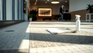 A clean carpet tile with cleaning supplies, illustrating maintenance tips for carpet tiles.