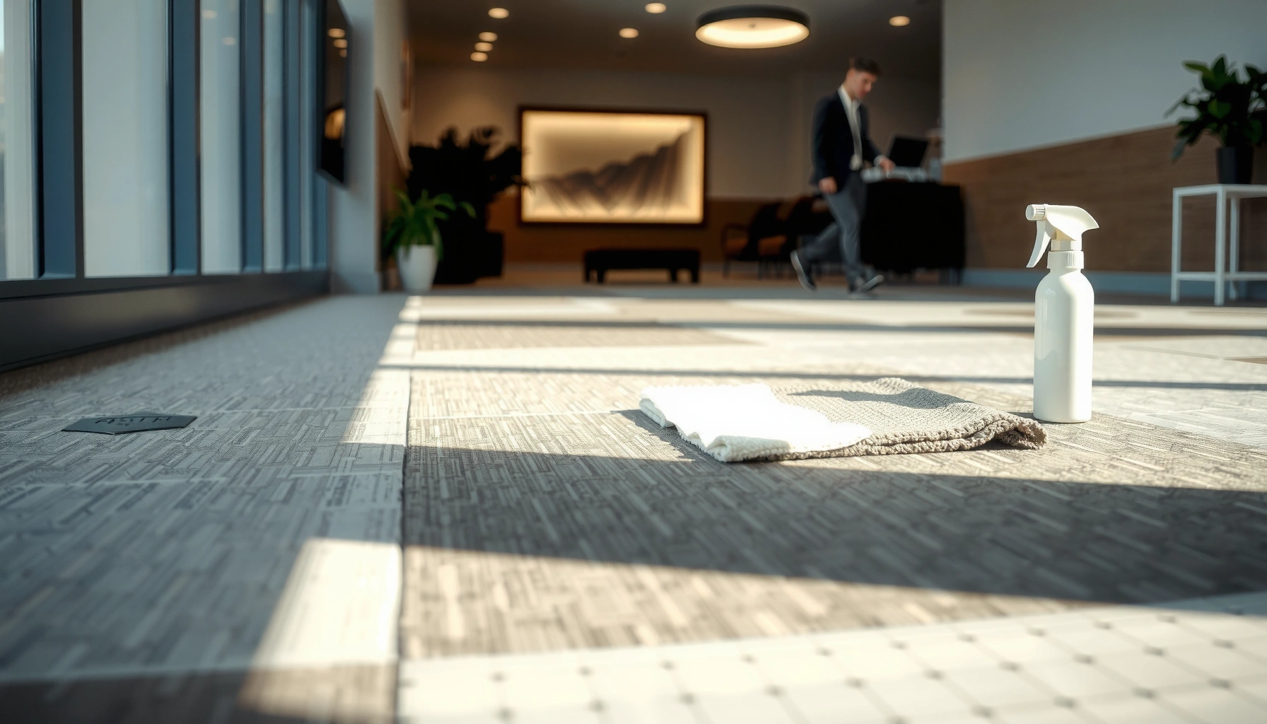 A clean carpet tile with cleaning supplies, illustrating maintenance tips for carpet tiles.