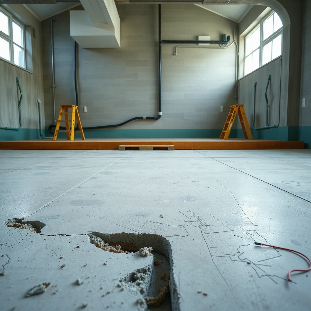 Illustration showing common causes of gaps in concrete floors, including settling and moisture issues.