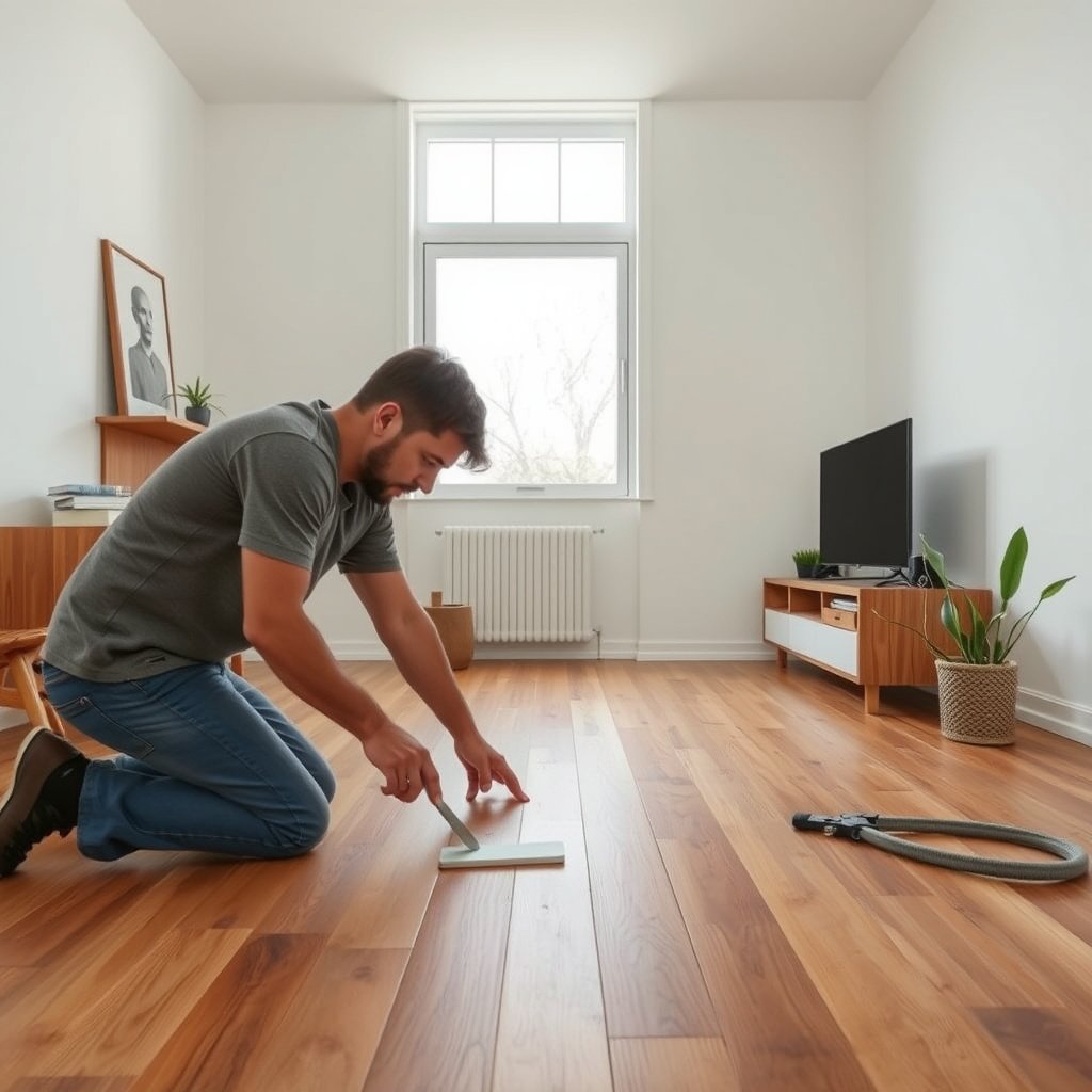Checking apartment rules and assessing existing hardwood floor condition for preparation.